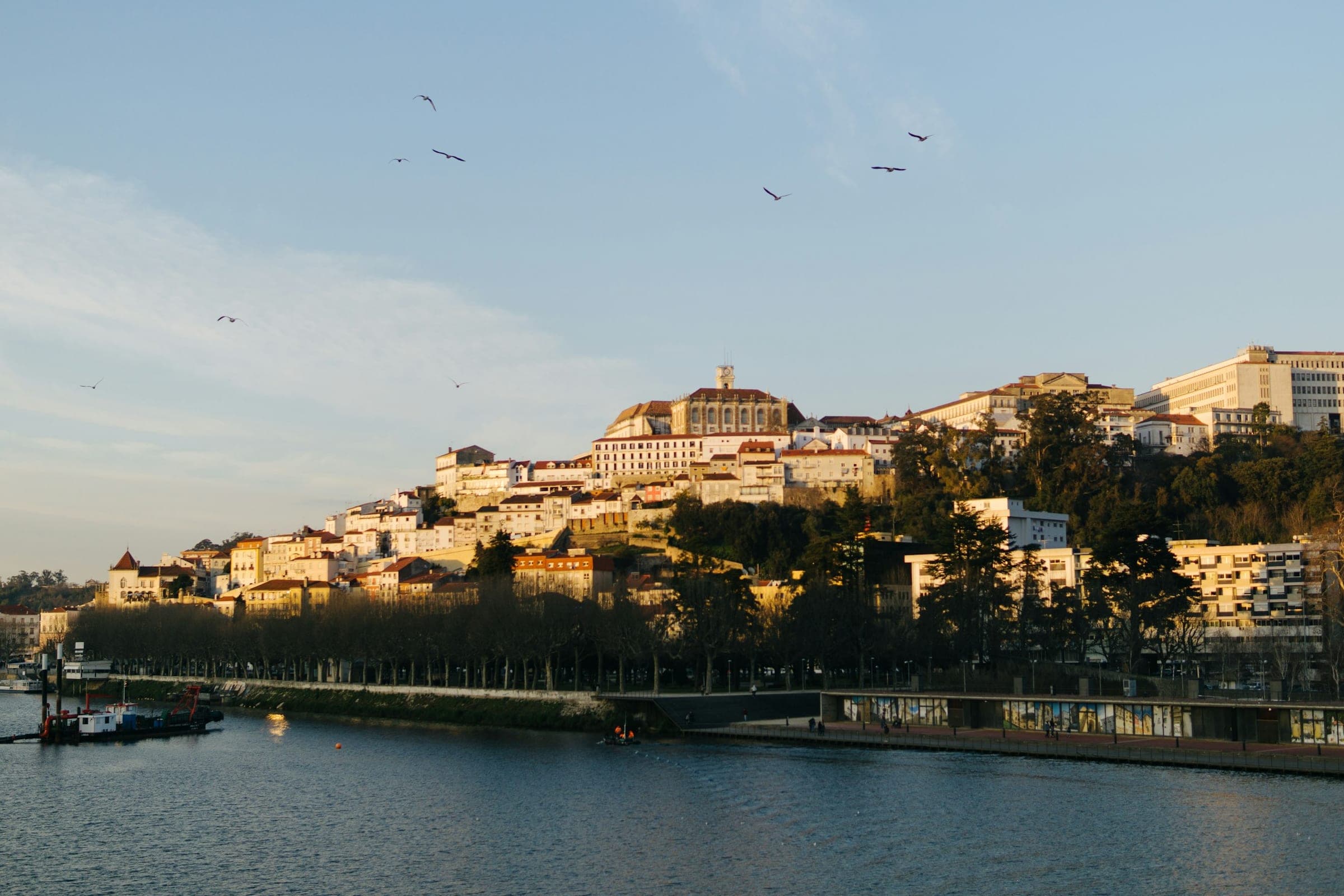 Coimbra bij het gouden uur, gezien over de Mondego, met de universiteitstoren boven de heuvel.