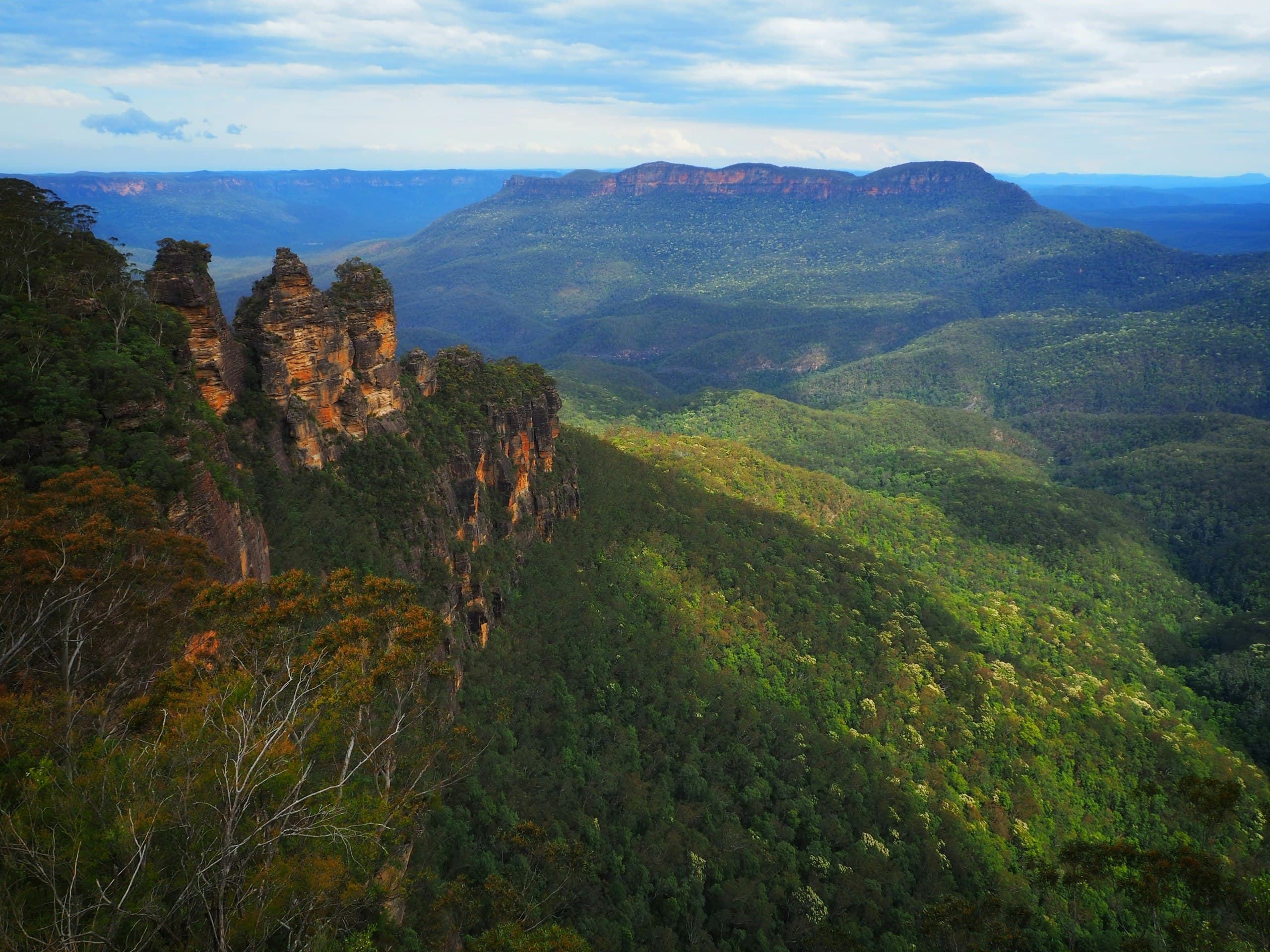 De Blue Mountains bij zonsopkomst, met de Three Sisters boven het dal.