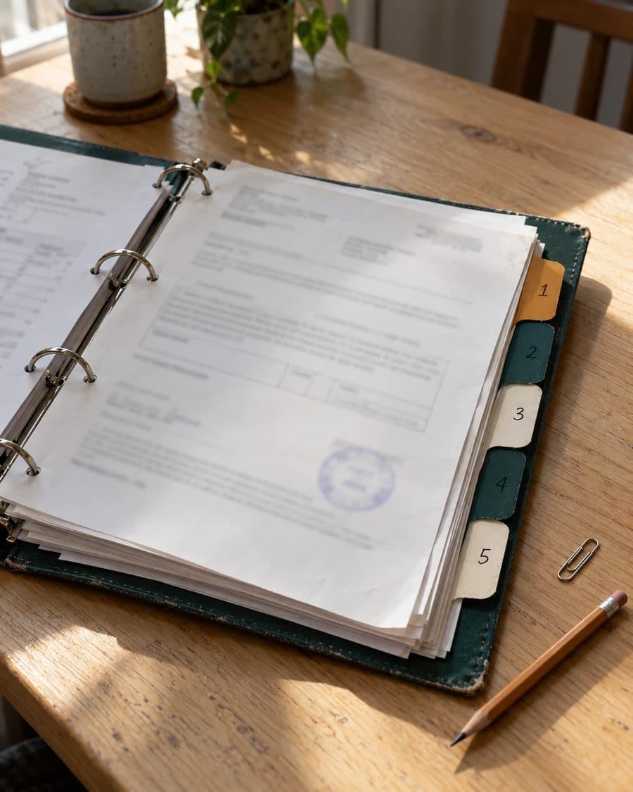 An open binder on a table with five tabs, numbered 1 to 5