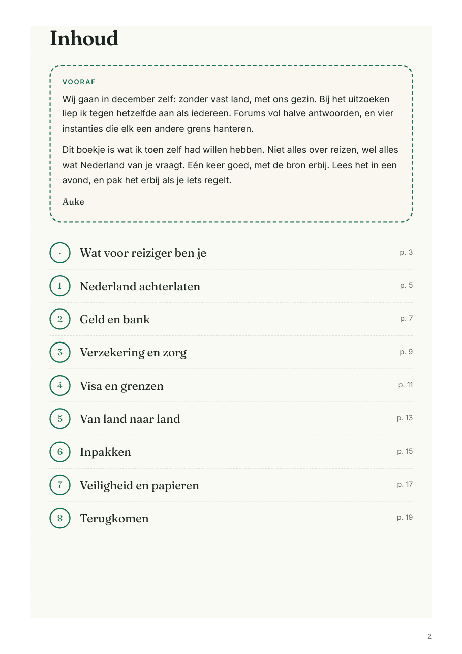 De inhoudspagina van de nomadenbijbel